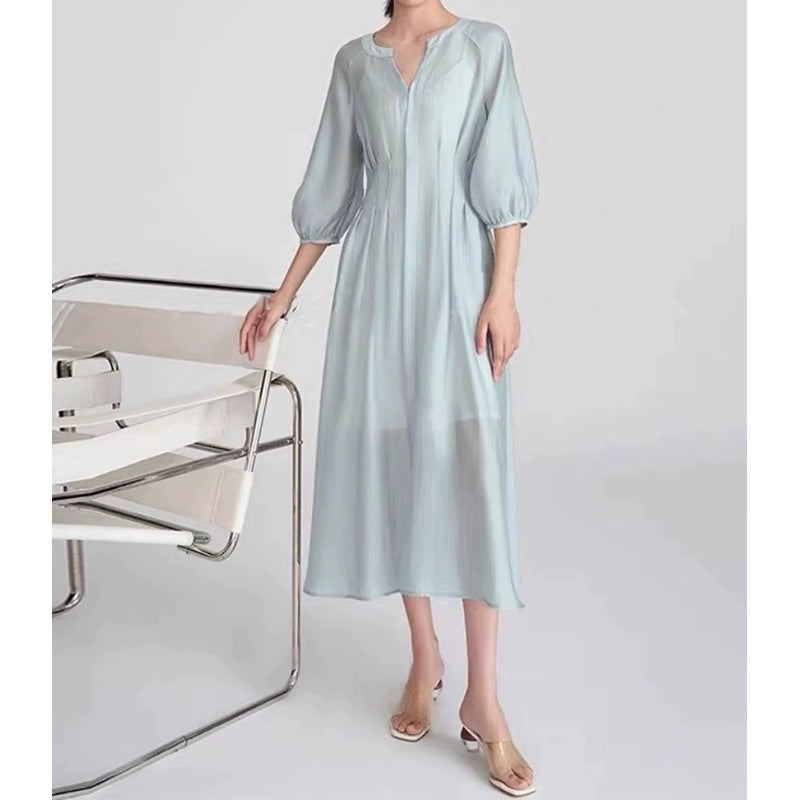 Robe midi élégante pour femmes avec manches bouffantes Chic und Stil