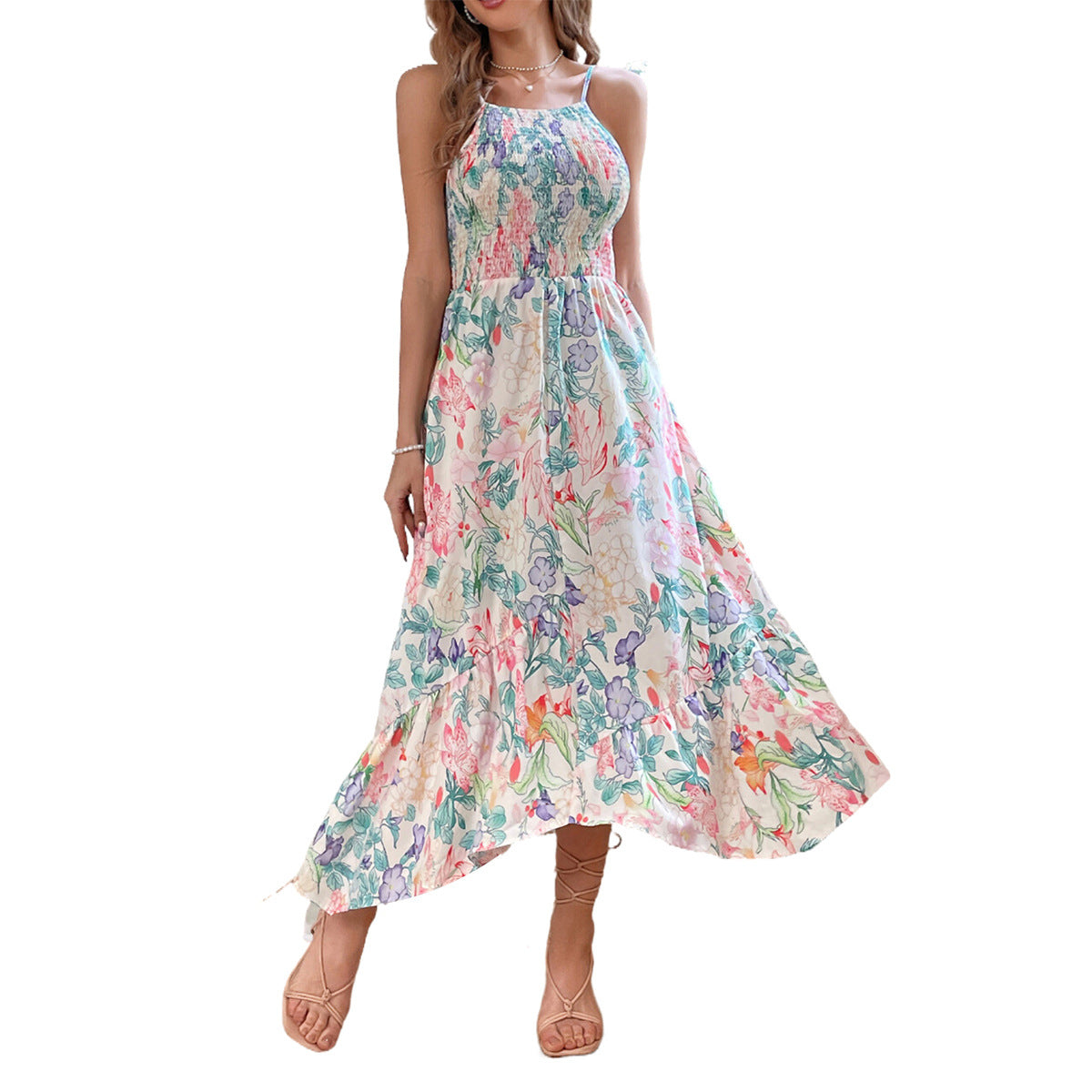 Robe maxi pour femmes avec design floral et bretelles spaghetti Chic und Stil