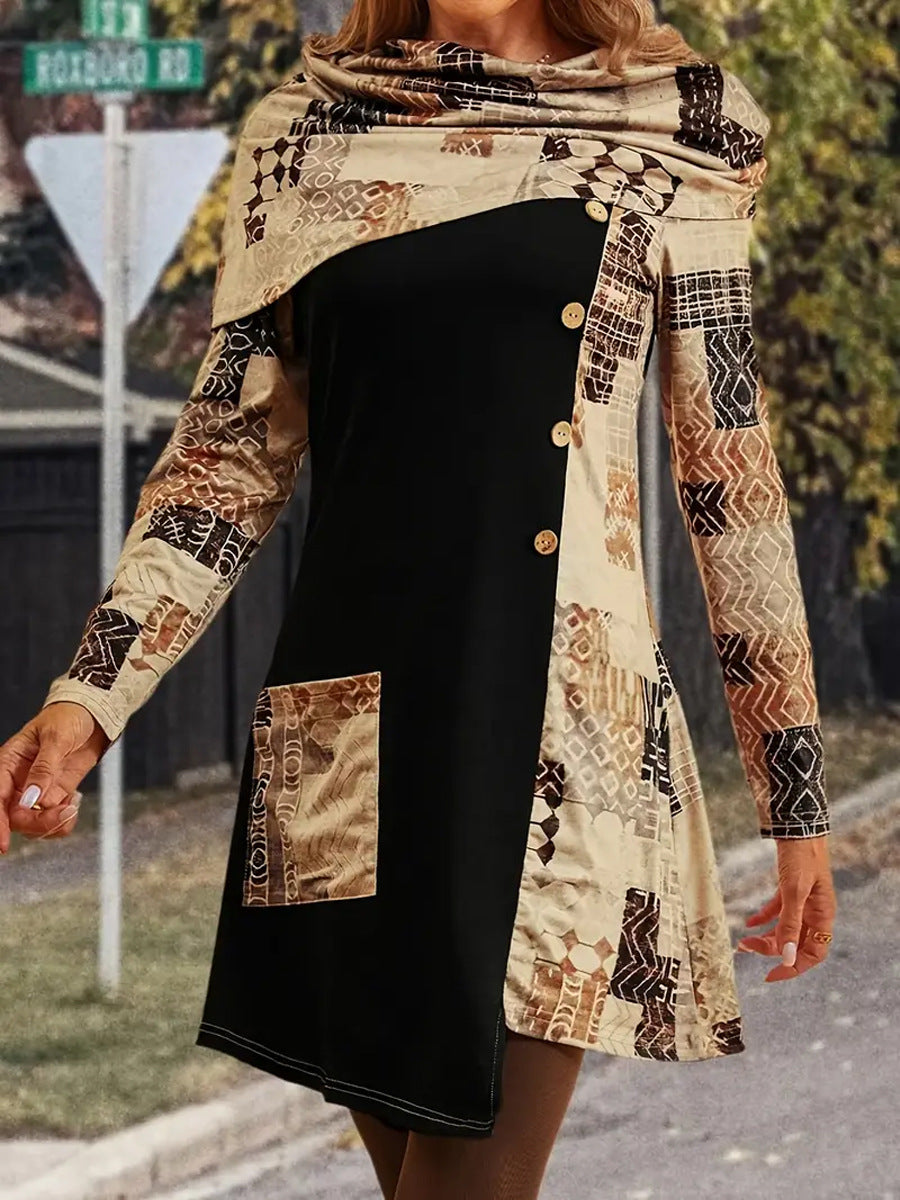 Robe tunique féminine moderne avec un design patchwork artistique et des détails de boutons Chic und Stil