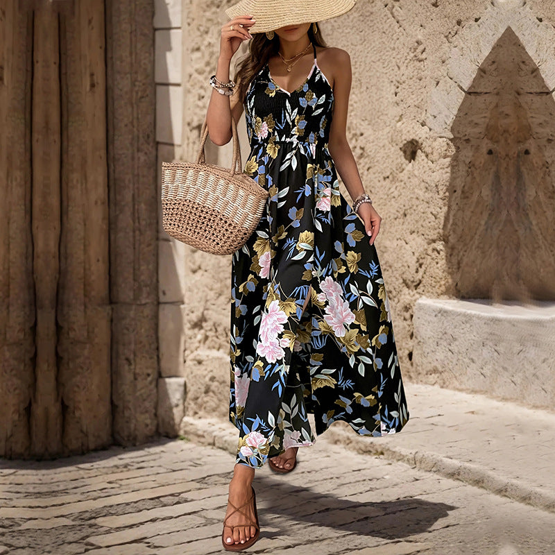 Robe maxi à imprimé floral pour femmes avec fente haute et bretelles spaghetti réglables Chic und Stil