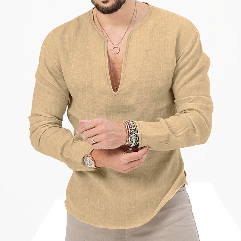 Chemise en lin léger pour hommes avec décolleté en V profond Chic und Stil