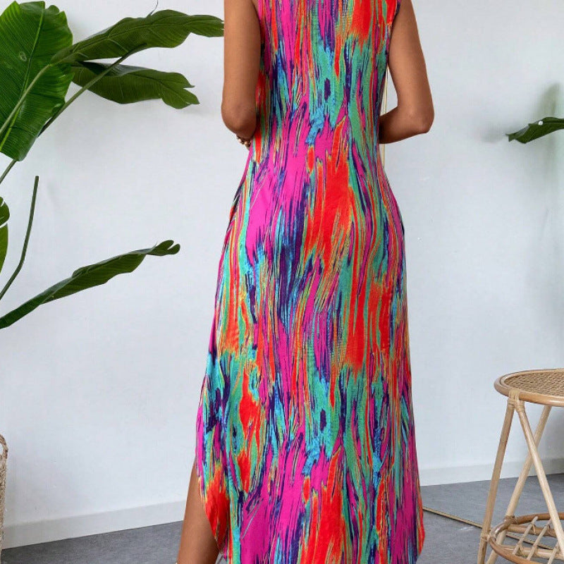 Robe Maxi Abstraite Vibrante pour Femmes avec Ourlet Volant Chic und Stil