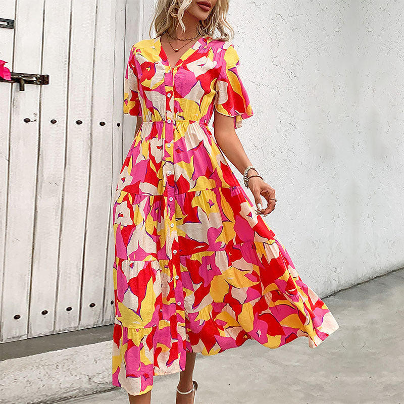 Robe midi florale à boutons pour femmes Chic und Stil