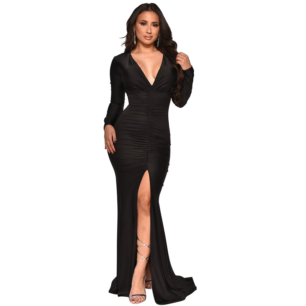 Robe de soirée chic et stylée pour dames à fente haute et volants