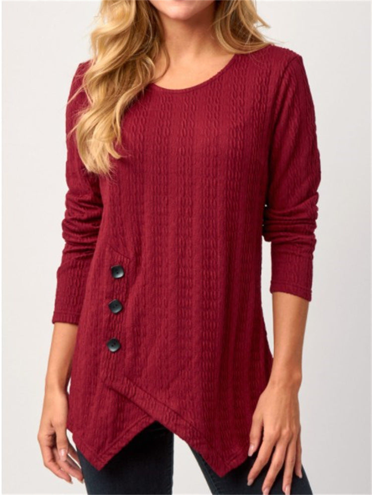 T-shirt à manches longues asymétrique pour femmes avec détails de boutons et design texturé Chic und Stil