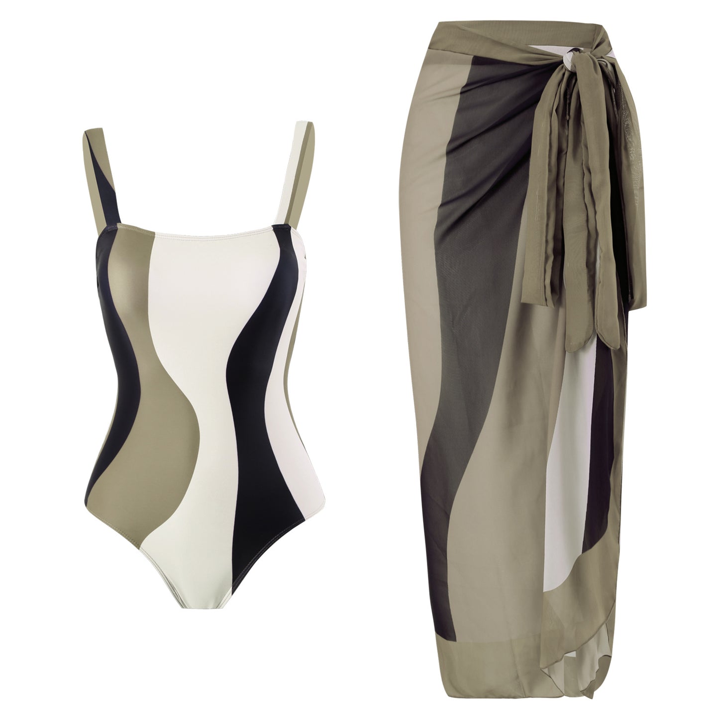 Maillot de bain une pièce pour femmes avec jupe portefeuille à la mode et motif à vagues graphiques Chic und Stil