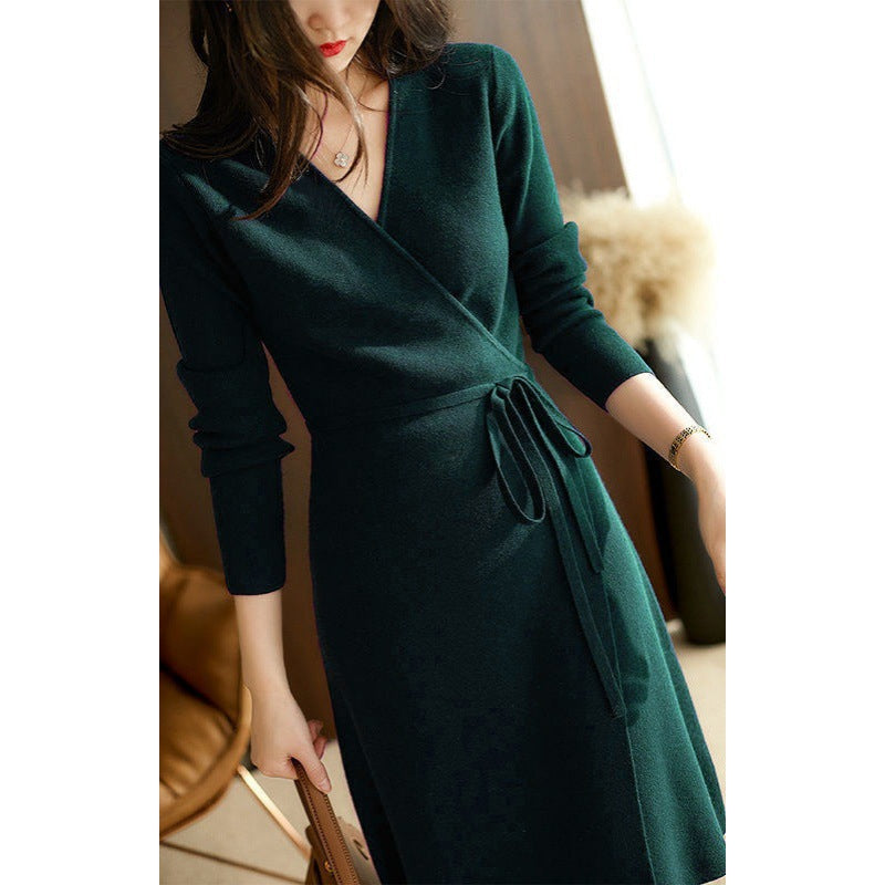 Robe portefeuille pour femmes à manches longues et cordon élégant à la taille Chic und Stil