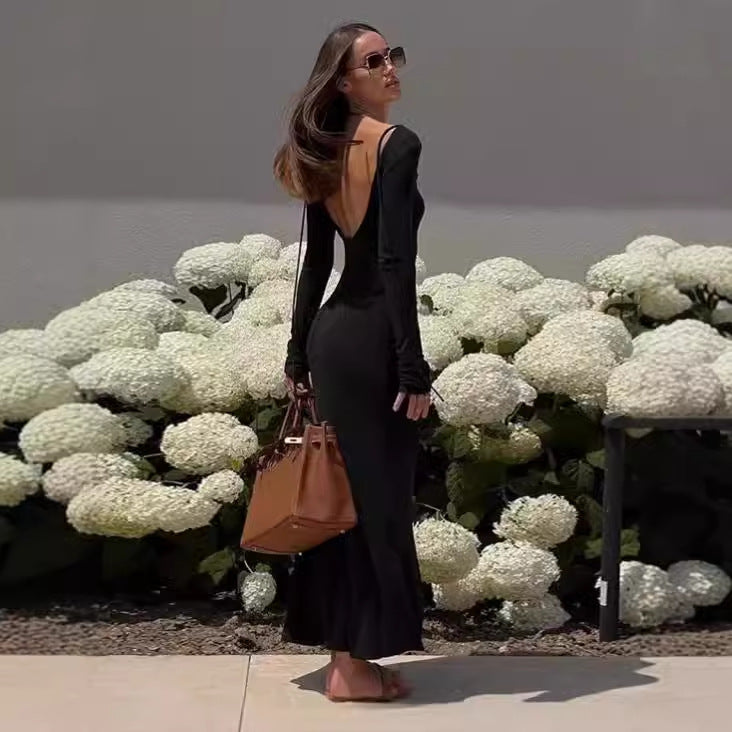 Robe maxi dos nu à manches longues pour dames Chic und Stil