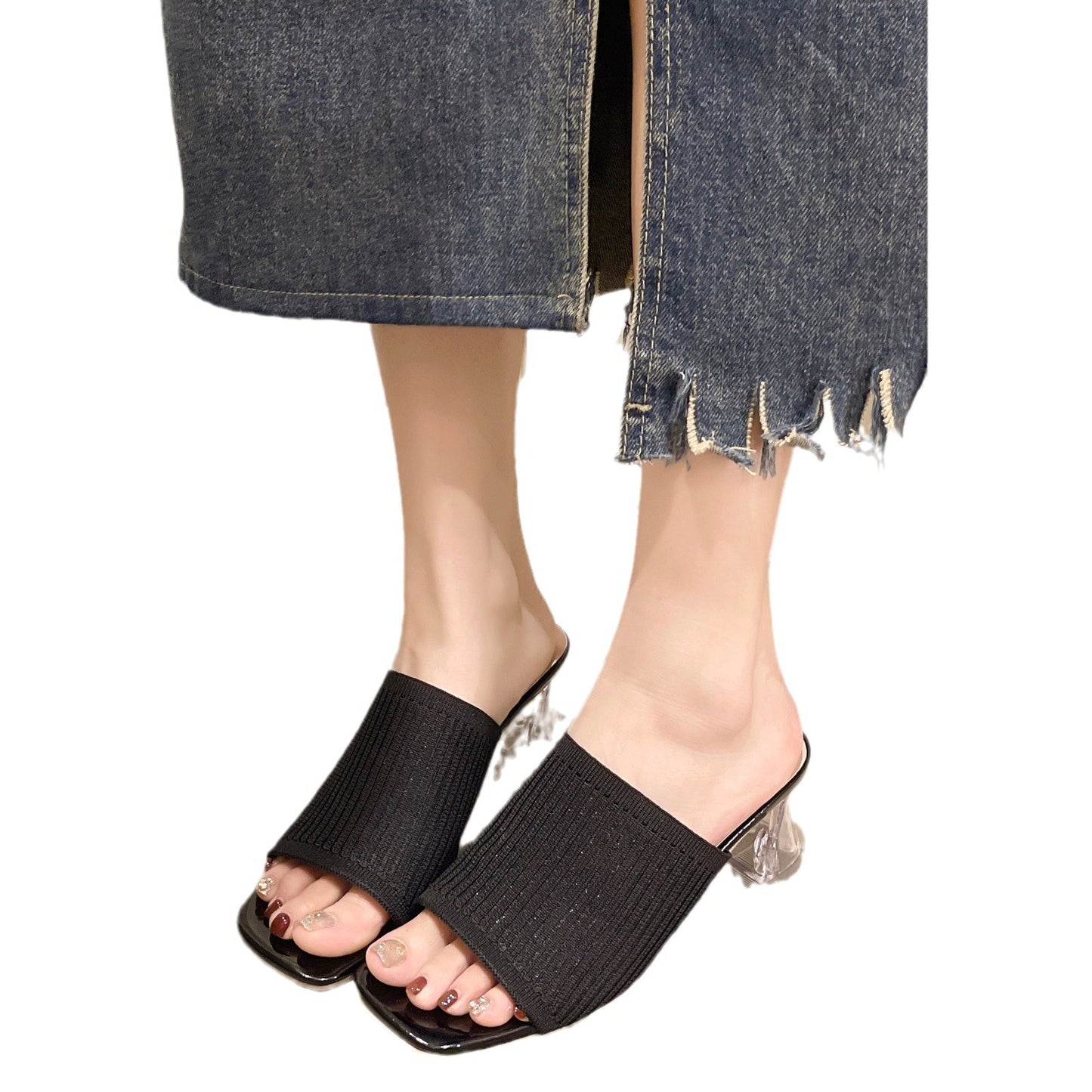 Sandales à glissière pour dames avec une structure en ribbing aérienne et un talon bloc transparent Chic und Stil