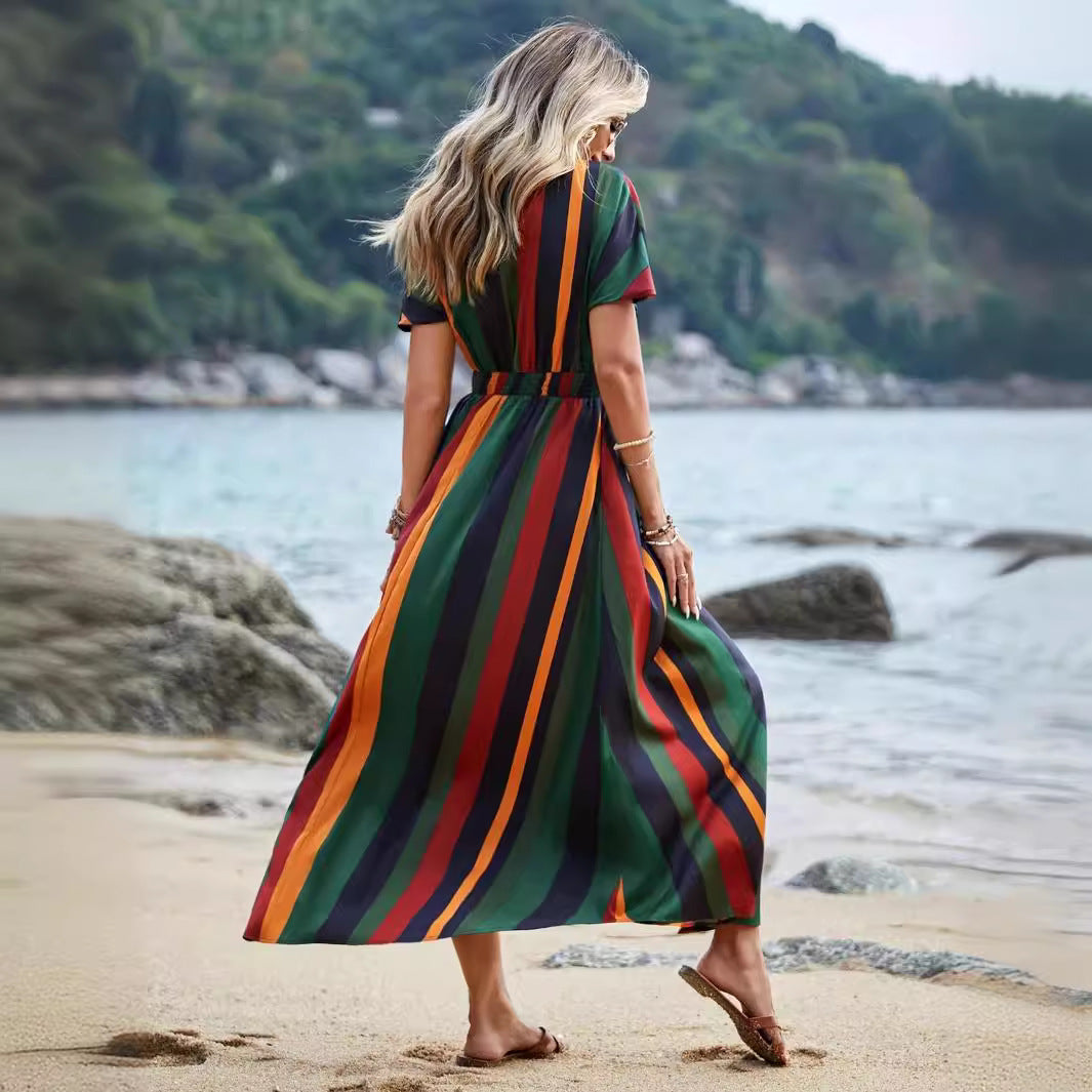 Robe maxi rayée pour femmes avec fente haute et nœud à la taille Chic und Stil