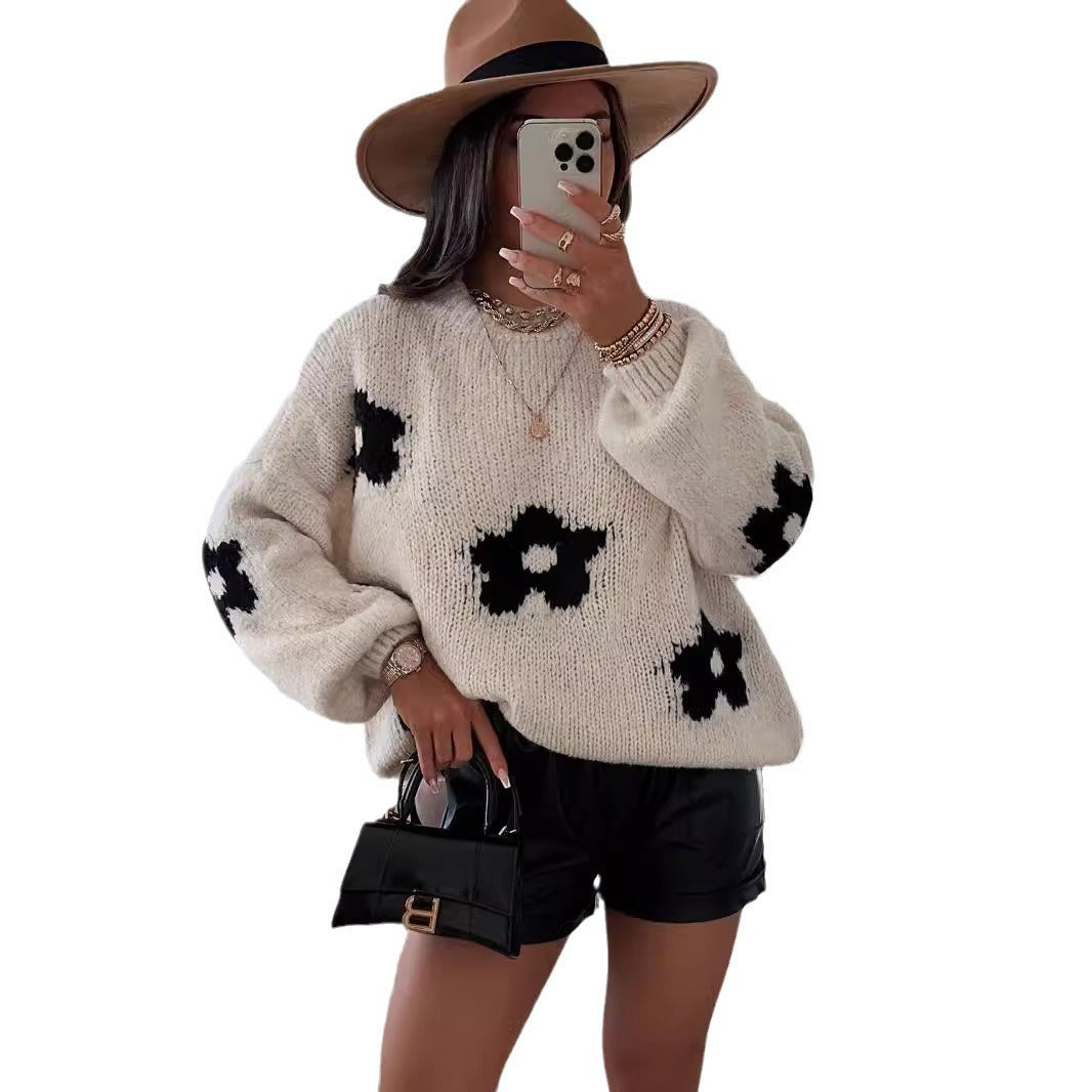 Pull oversized pour dames en tricot épais avec des motifs floraux folkloriques et une coupe décontractée Chic und Stil