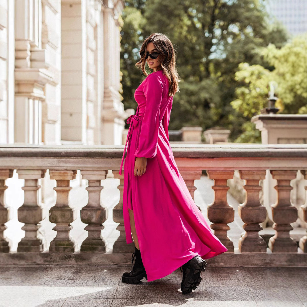 Robe maxi à manches longues pour femmes avec ceinture à la taille et élégants détails en volants Chic und Stil
