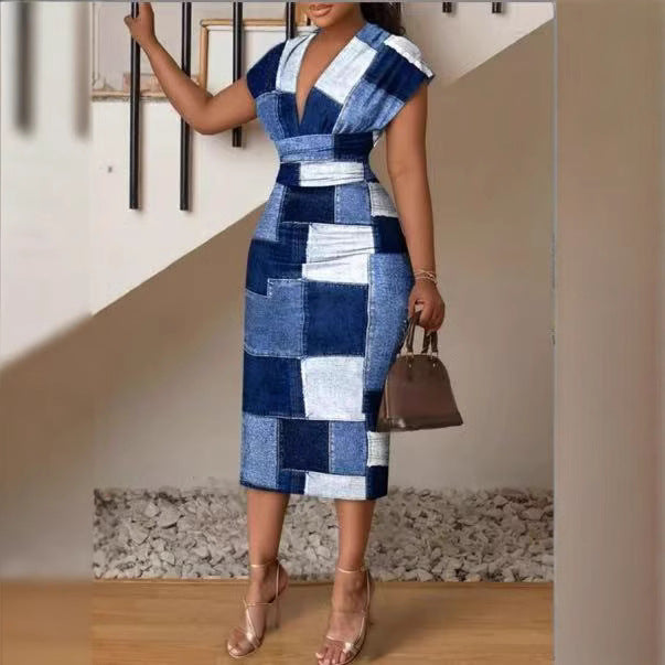 Robe Midi en Denim Patchwork pour Femme Chic und Stil