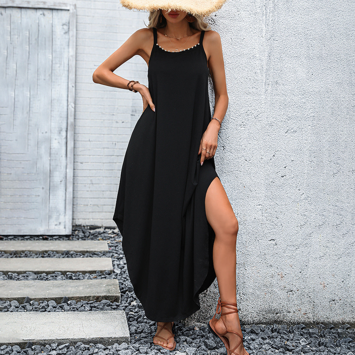Robe maxi femme avec fente latérale et bretelles ajustables Chic und Stil