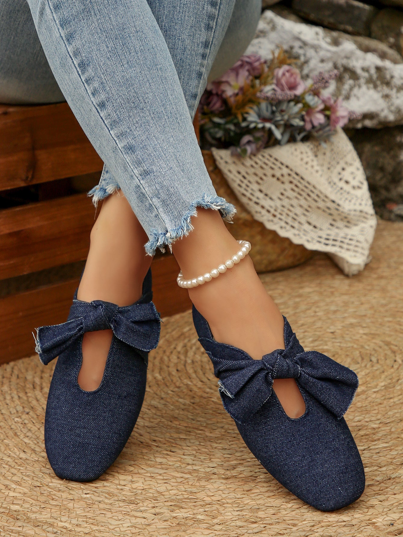 Dames Ballerines en Denim avec Détail de Nœud Chic und Stil