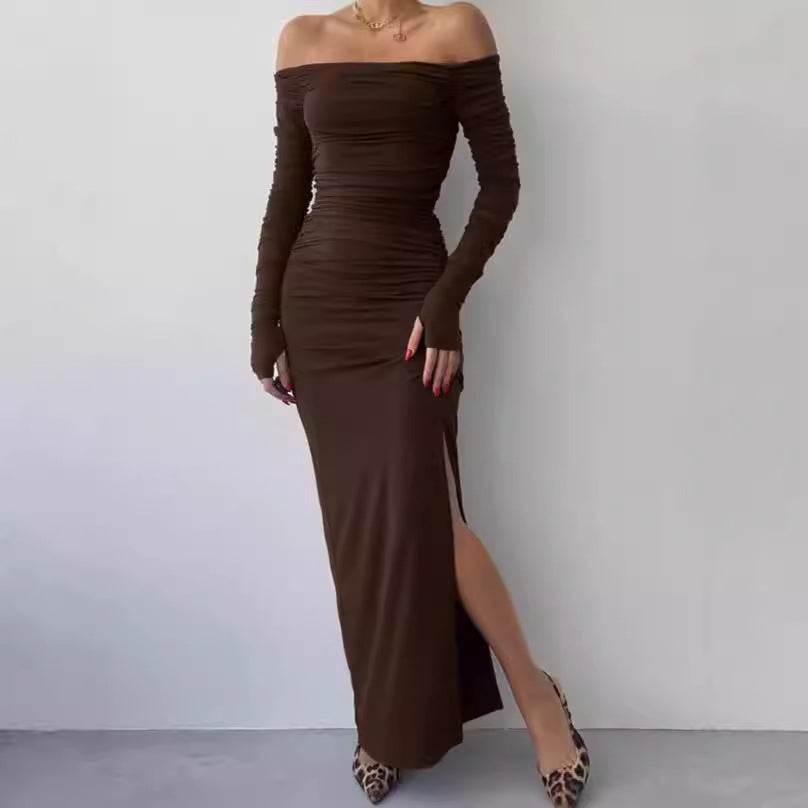 Robe maxi élégante pour femmes à épaules dénudées avec fronces et longues manches Chic und Stil