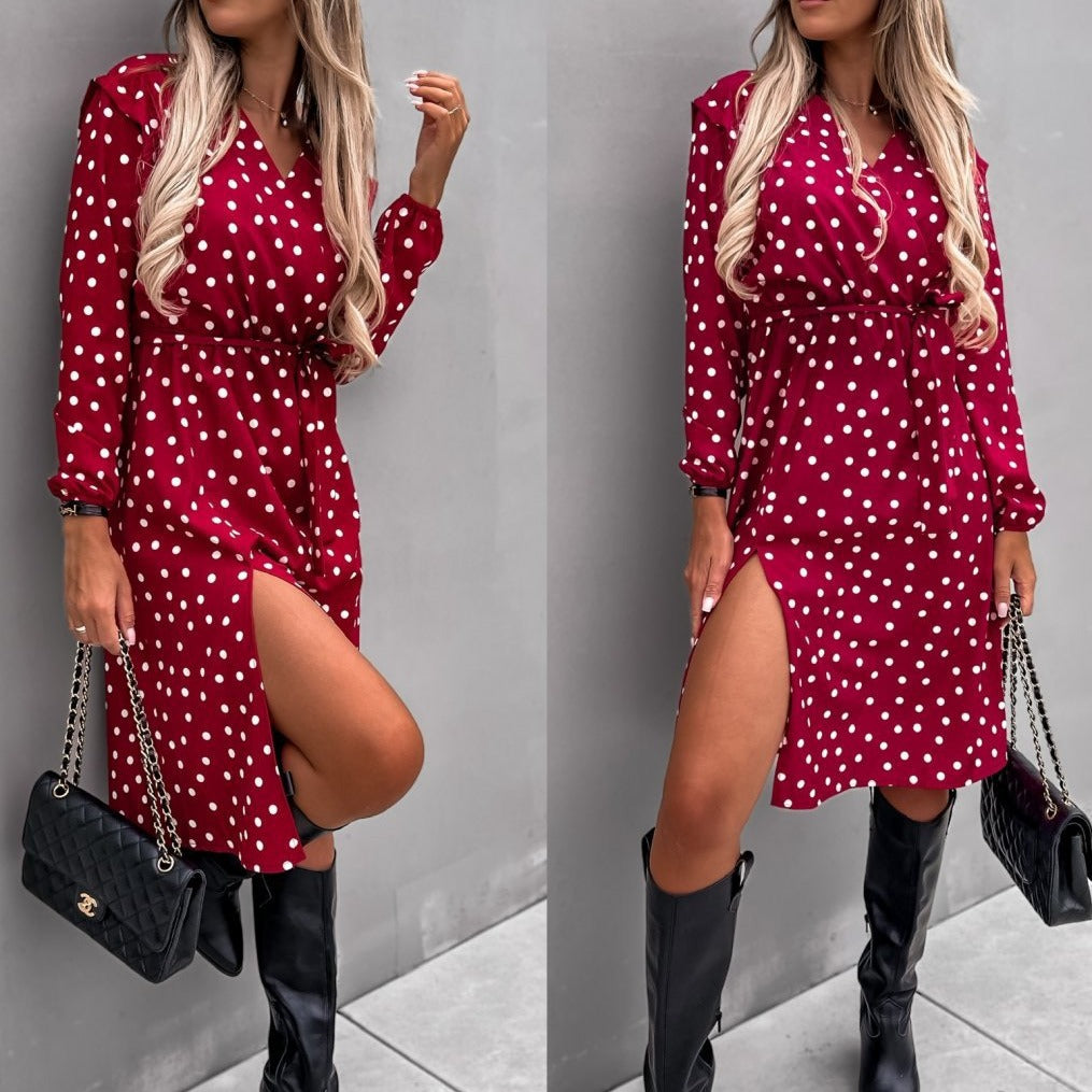 Women's Polka Dot Wrap Dress with High Slit Chic and Style
