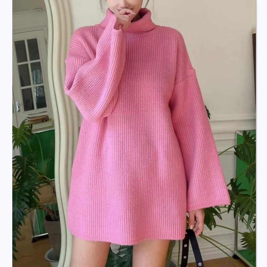 Dames Pull en tricot long avec col montant et manches évasées Chic und Stil