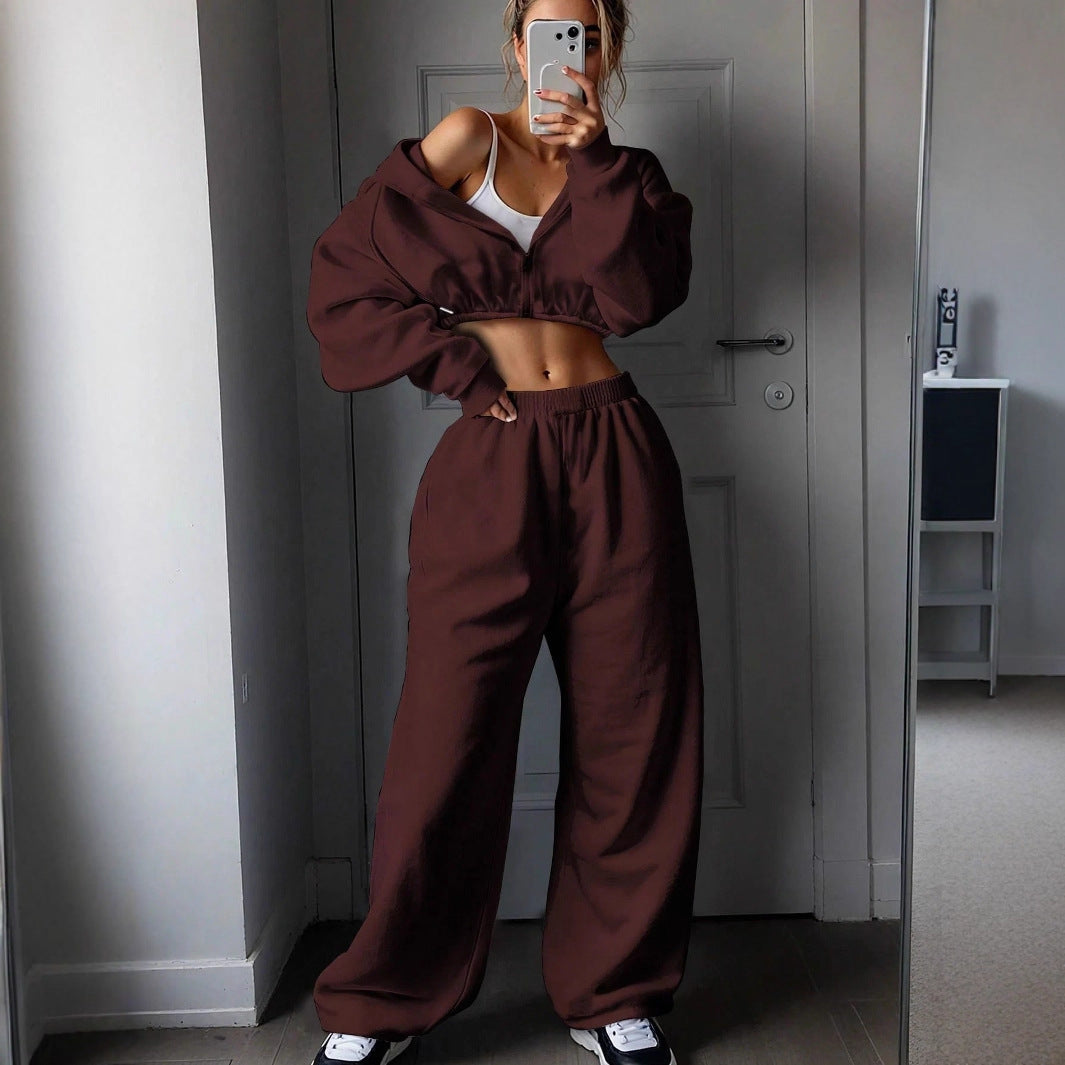 Femme ensemble en polaire décontracté avec pull court et pantalon large Chic und Stil