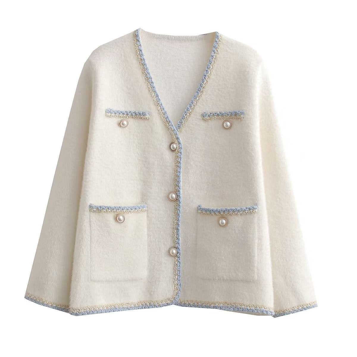 Cardigan élégant en tricot pour femmes avec des boutons décoratifs en perles et des poches pratiques Chic und Stil