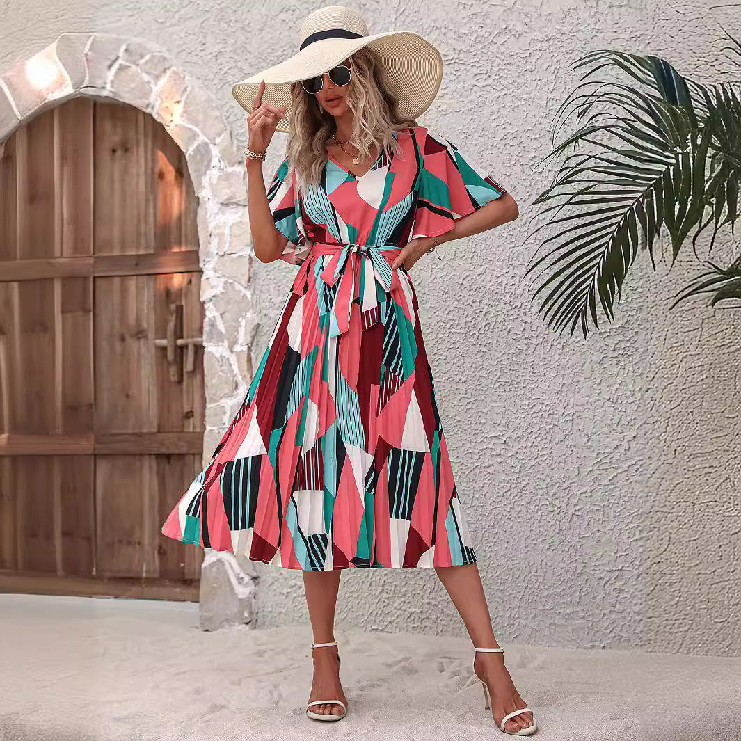 Robe midi pour femme avec motif graphique et ceinture élastique à la taille Chic und Stil