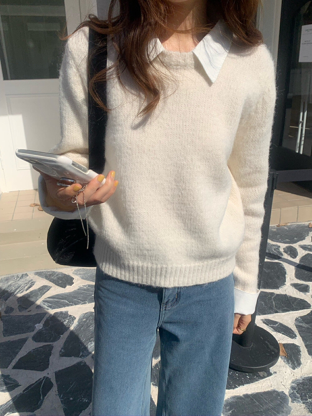Pull décontracté pour dames avec encolure bleue et col moderne Chic und Stil