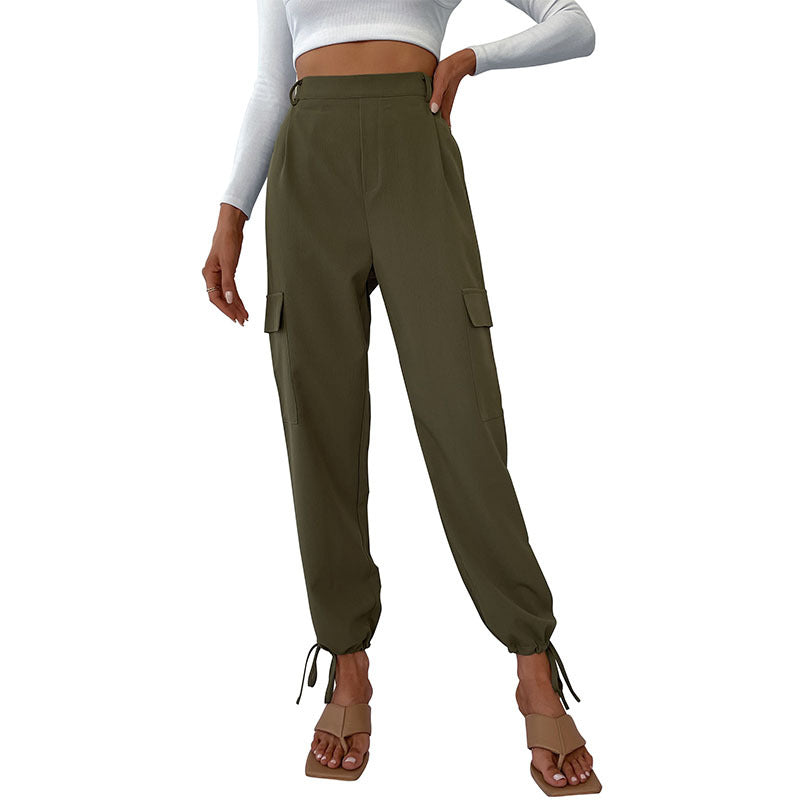 Women High-waisted cargo pants with adjustable ankle ties Chic and Style