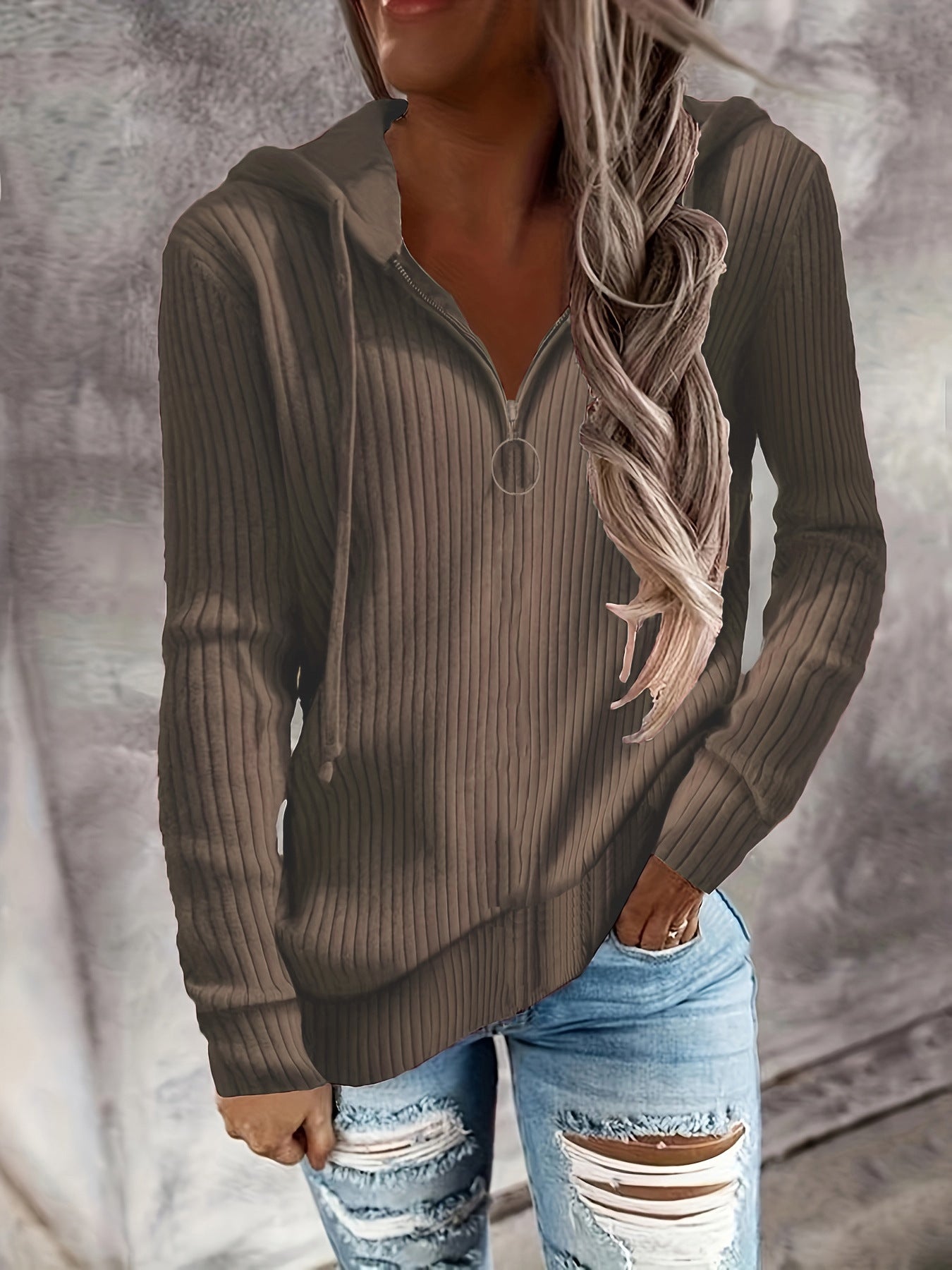 Dame Zip-Hoodie avec design en rib structuré et zip intégral Chic und Stil