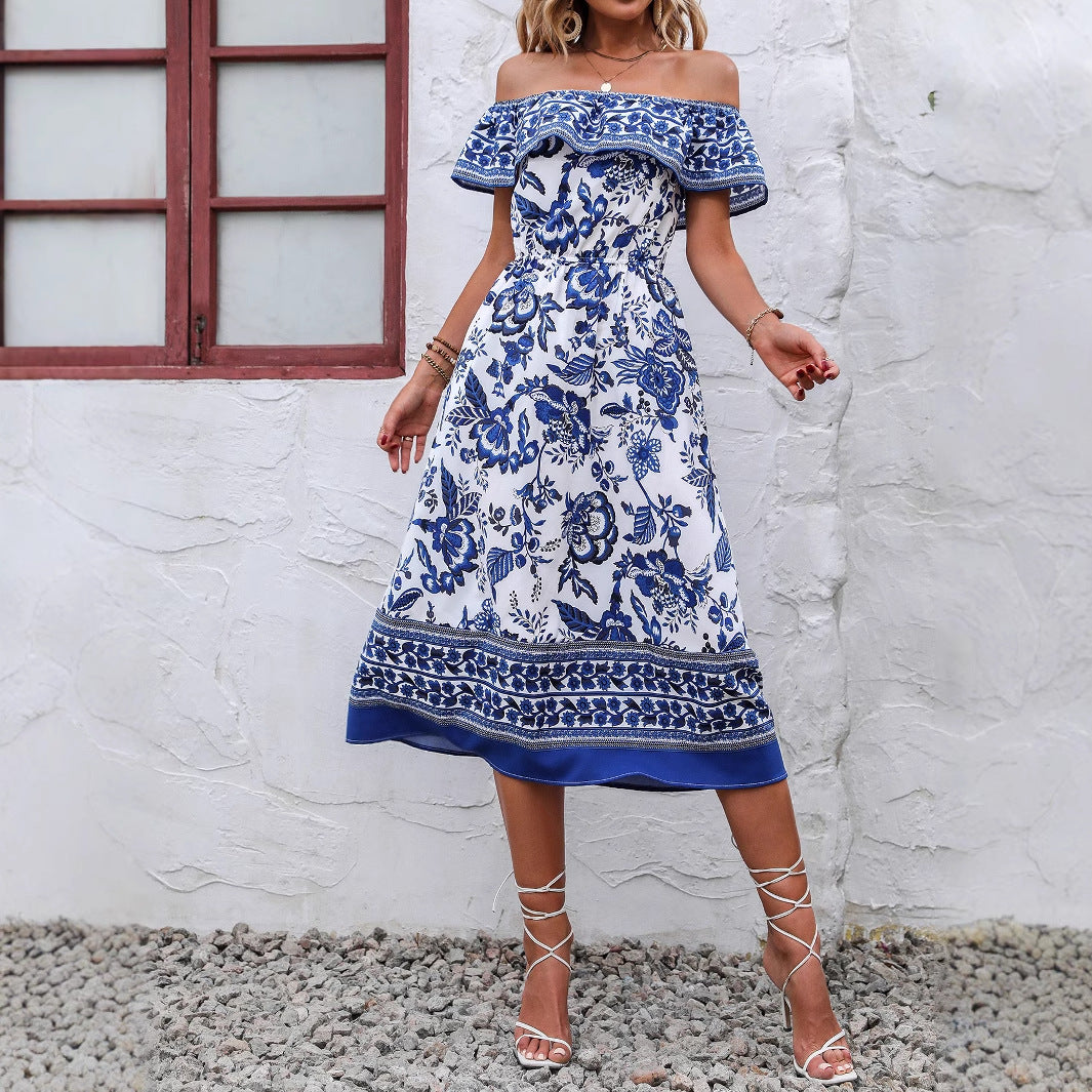Robe maxi d'été pour femme avec un design dénudé des épaules ludique et un motif floral Chic und Stil