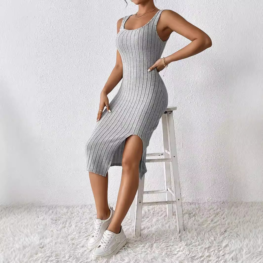 Robe moulante à côtes pour femmes avec fente latérale et décolleté carré Chic und Stil