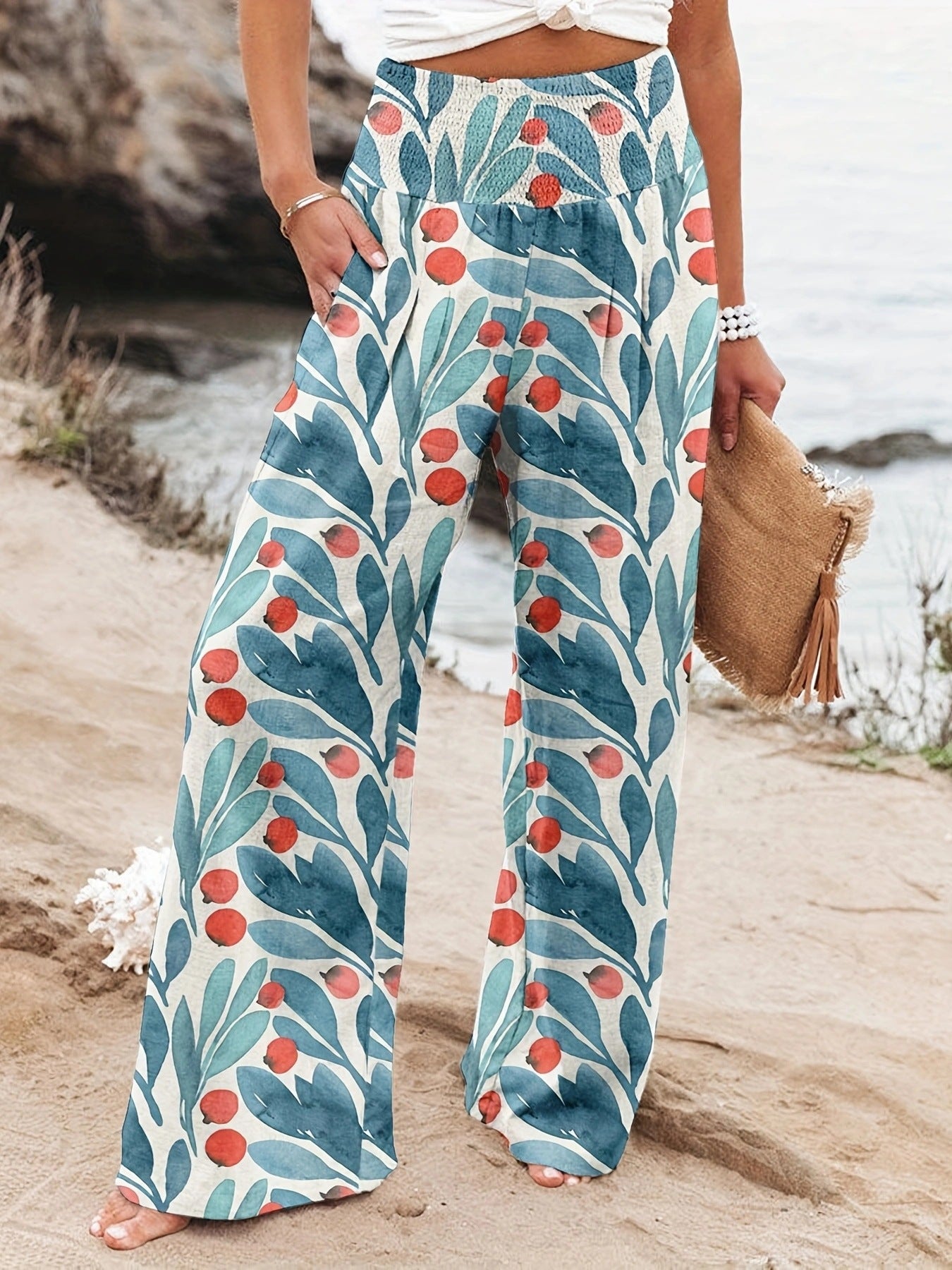 Pantalon d'été ample pour femmes avec imprimé floral et ceinture élastique Chic und Stil