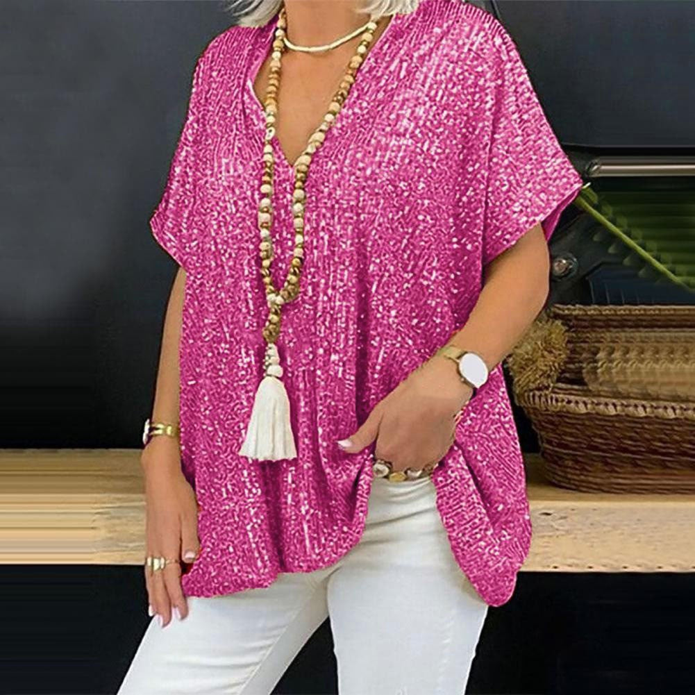 T-Shirt tunique paillettes glamour pour femmes avec décolleté en V Chic und Stil