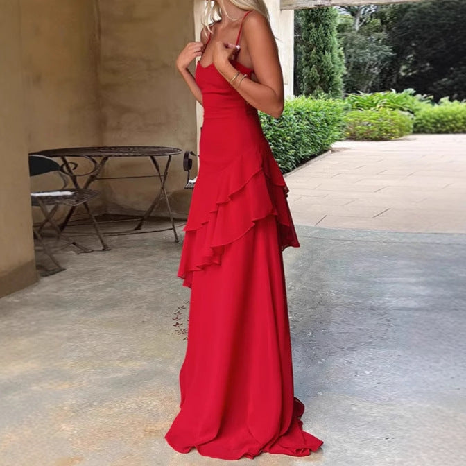 Robes maxi élégantes pour femmes avec ourlet à volants asymétrique et bretelles spaghetti Chic und Stil