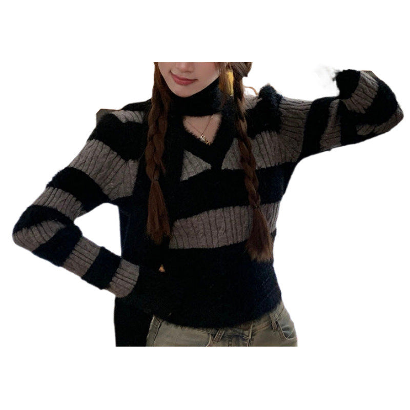 Femme doux pull V avec design rayé et écharpe assortie Chic und Stil