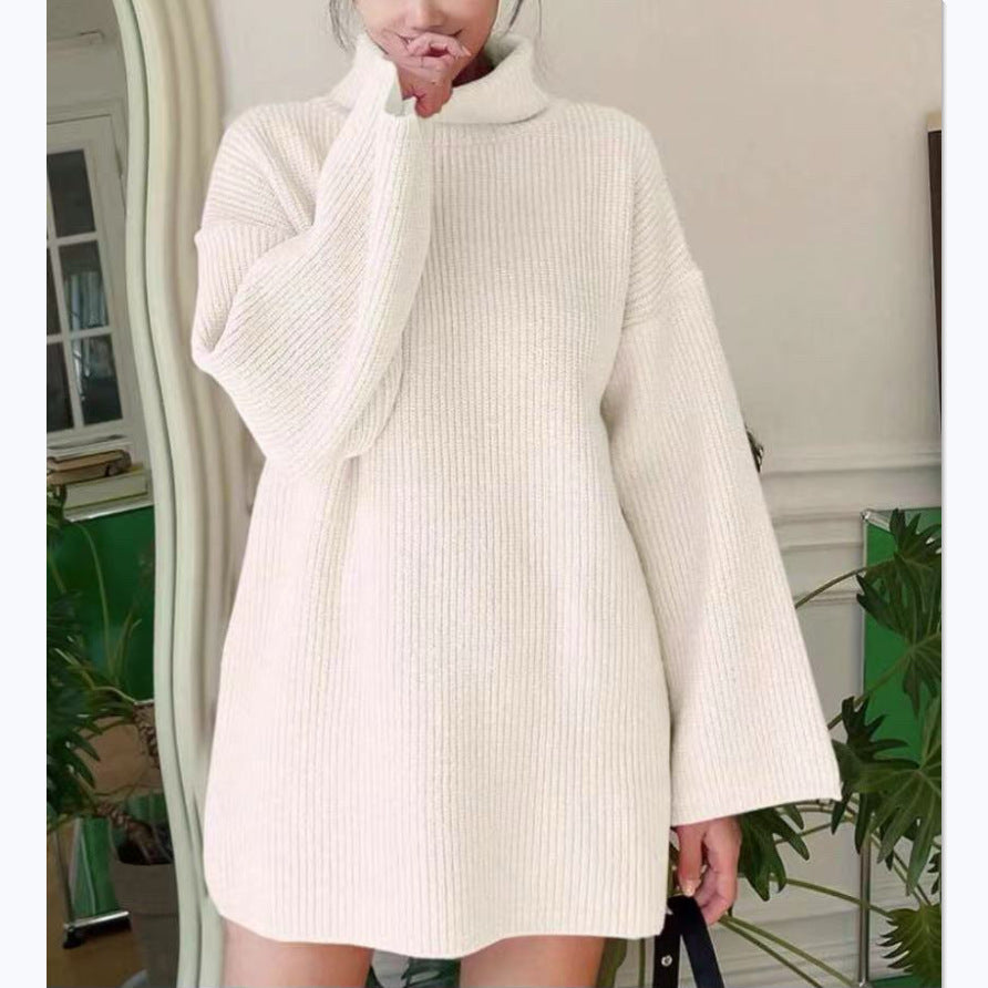 Dames Pull en tricot long avec col montant et manches évasées Chic und Stil