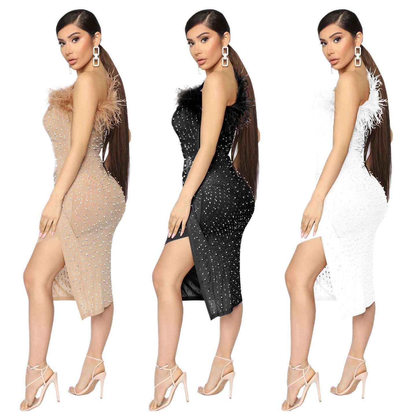 Robes élégantes à une épaule en sequins pour femmes midi avec détails en plumes Chic und Stil