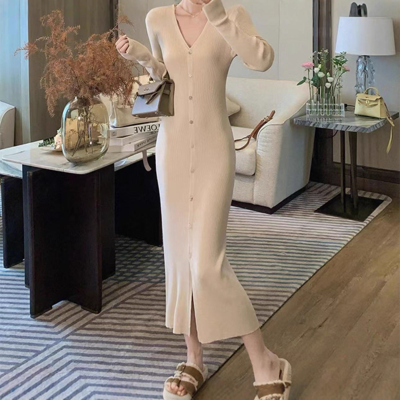 Dames Élégant Maxi Robe avec Détails de Bouton et Décolleté en V Chic und Stil