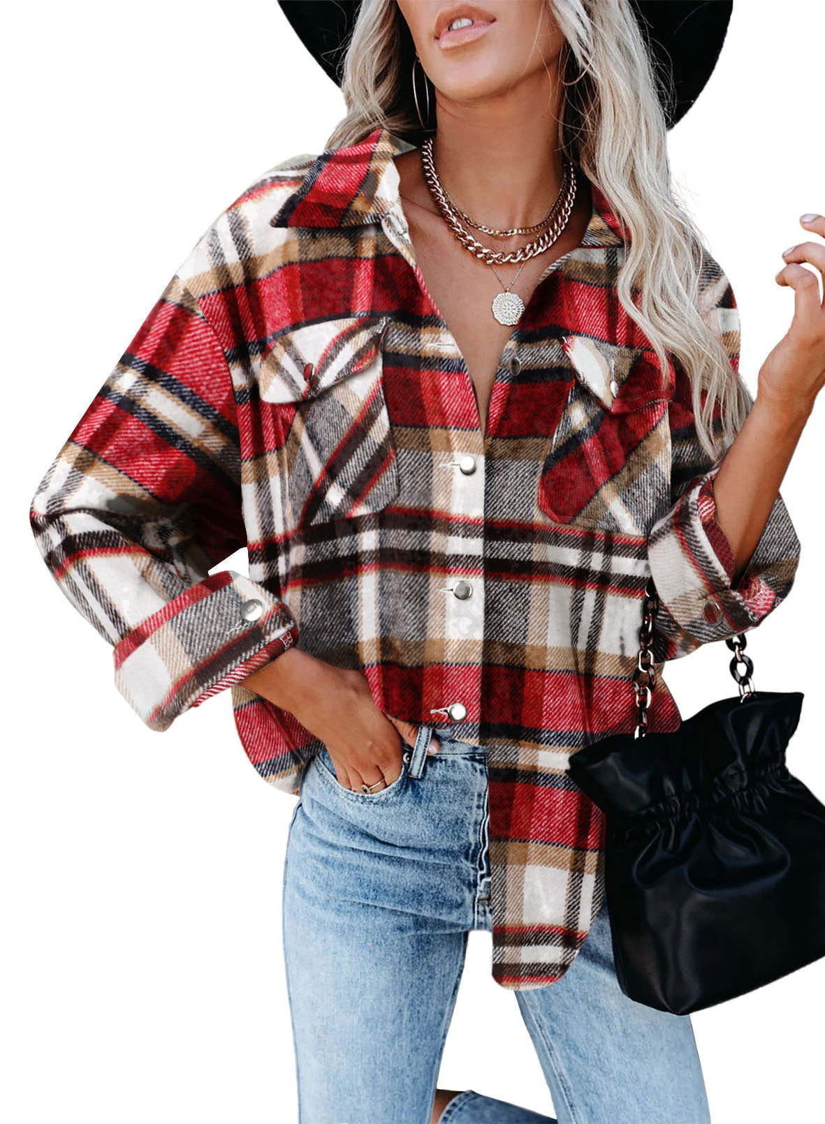 Veste à carreaux pour femmes en style oversize avec fermeture à bouton-pression Chic und Stil