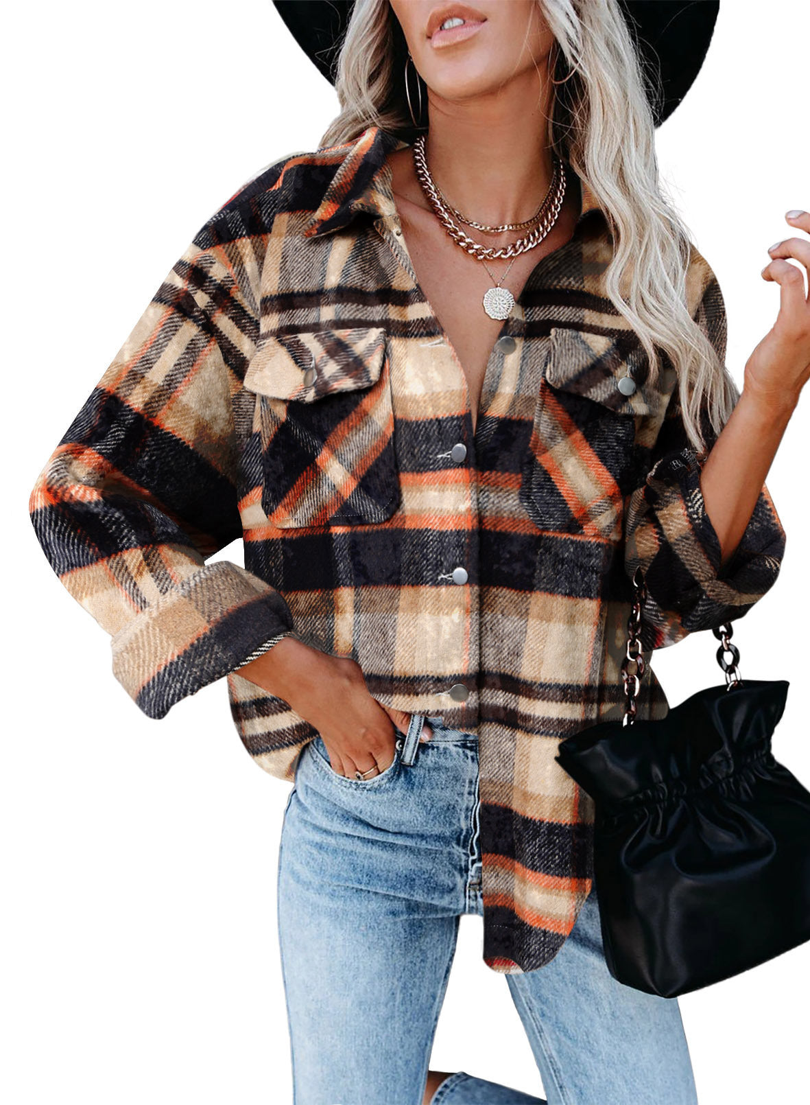 Veste à carreaux pour femmes en style oversize avec fermeture à bouton-pression Chic und Stil