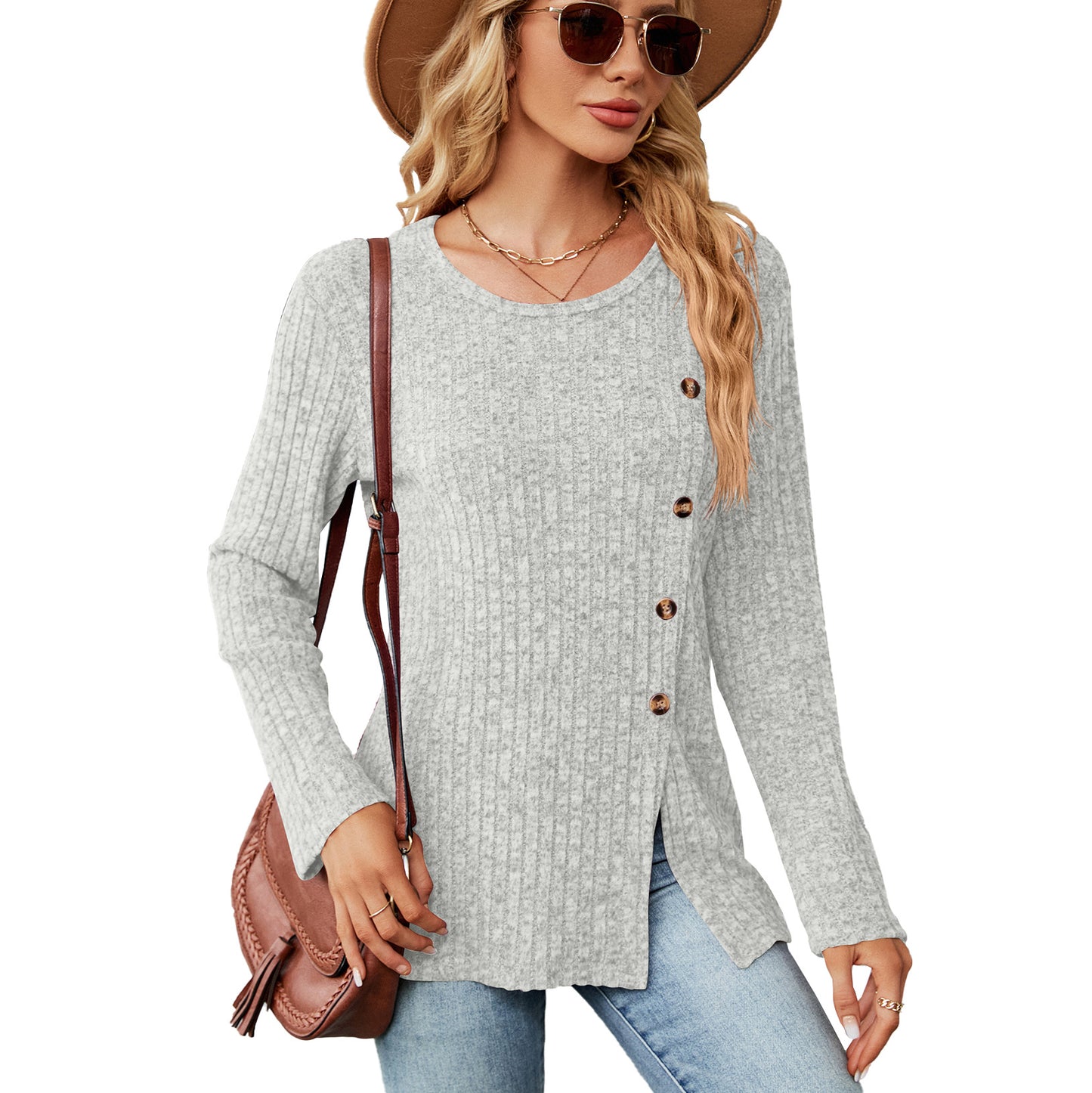 Blouse en tricot décontractée pour femmes avec un design à nouer et une fente latérale Chic und Stil