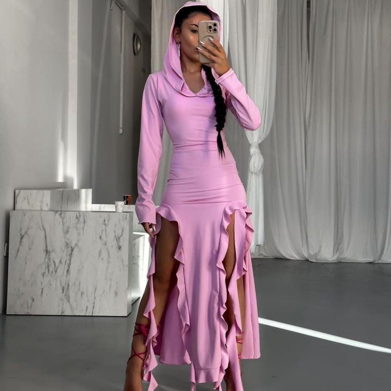 Robe maxi à manches longues pour femmes avec capuche et détails en volants Chic und Stil