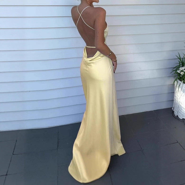 Dames Robe Maxi Élégante avec Décolleté en V Profond et Bretelles Spaghetti Réglables Chic und Stil