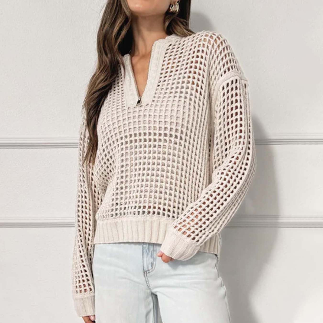 Pull en tricot décontracté pour femmes avec fermeture éclair et structure de mailles aérienne Chic und Stil