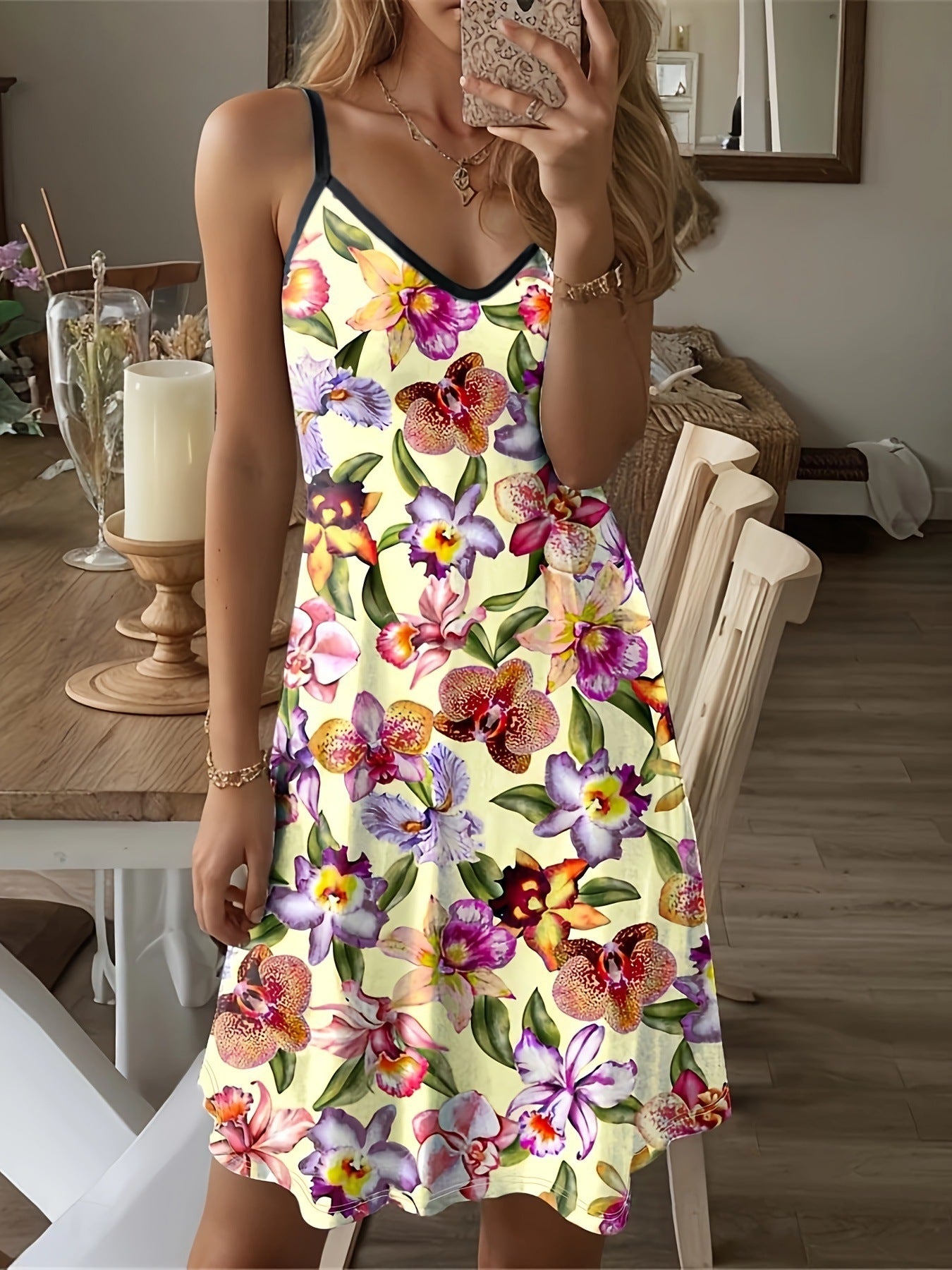 Dames motif floral spaghetti bretelles mini robe Chic und Stil