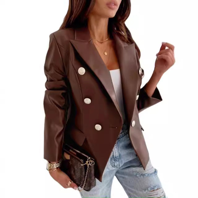Blazer élégant en simili cuir pour femmes avec double rangée de boutons Chic und Stil