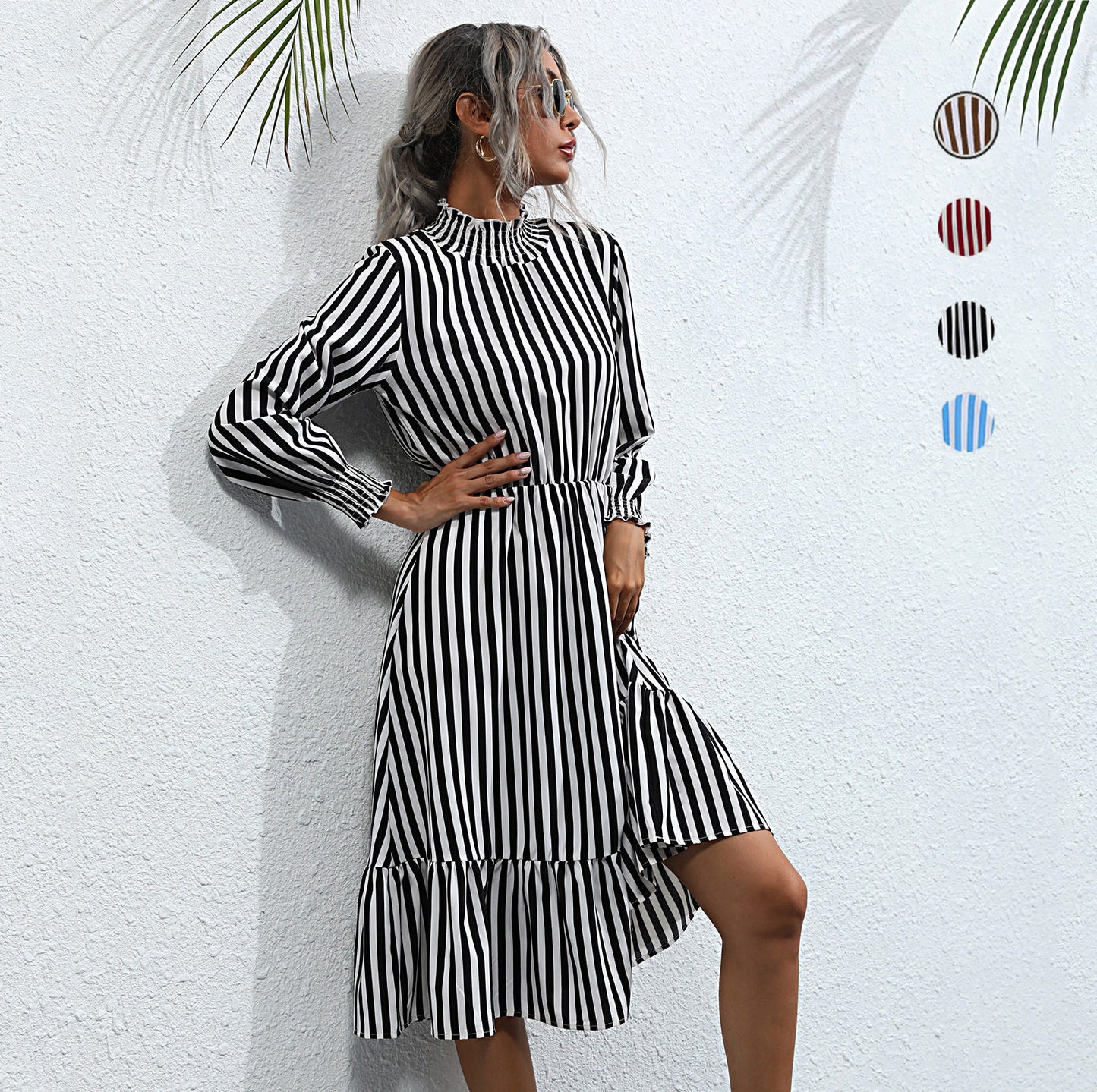 Robe midi à rayures à volant pour femme avec manches longues et col montant Chic und Stil