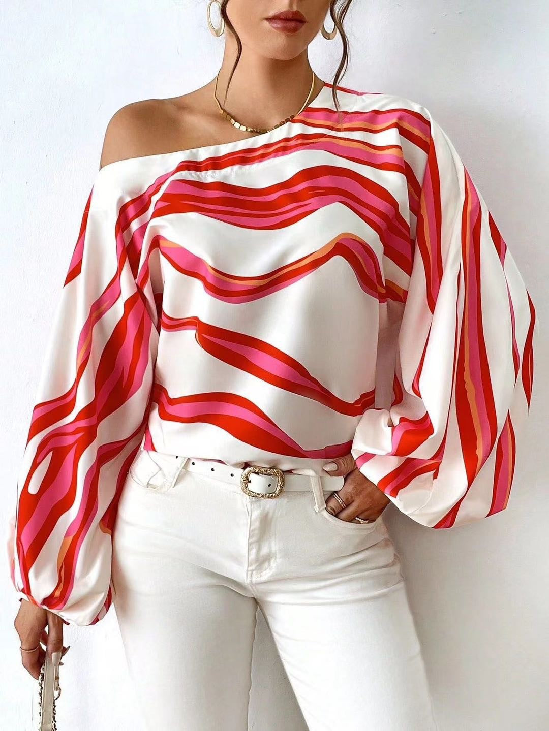Blouse satin off-shoulder pour femmes avec manches bouffantes Chic und Stil