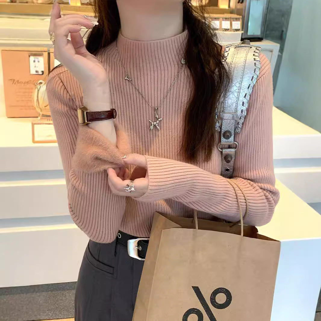 Dames Pull à côtes élégant avec col haut Chic und Stil