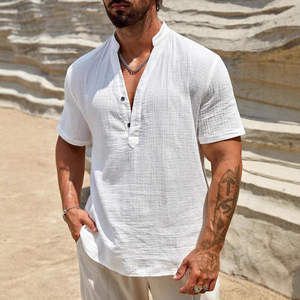 Chemise décontractée à manches longues pour hommes avec col montant et détail de bouton moderne Chic und Stil