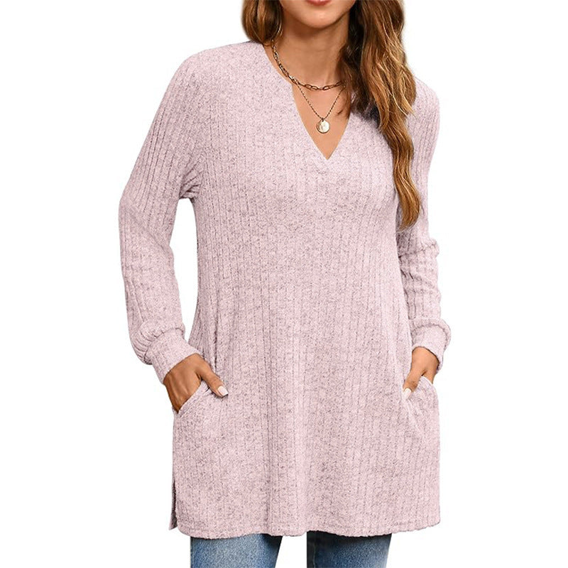 Pull tunique à col V côtelé pour femme Chic und Stil